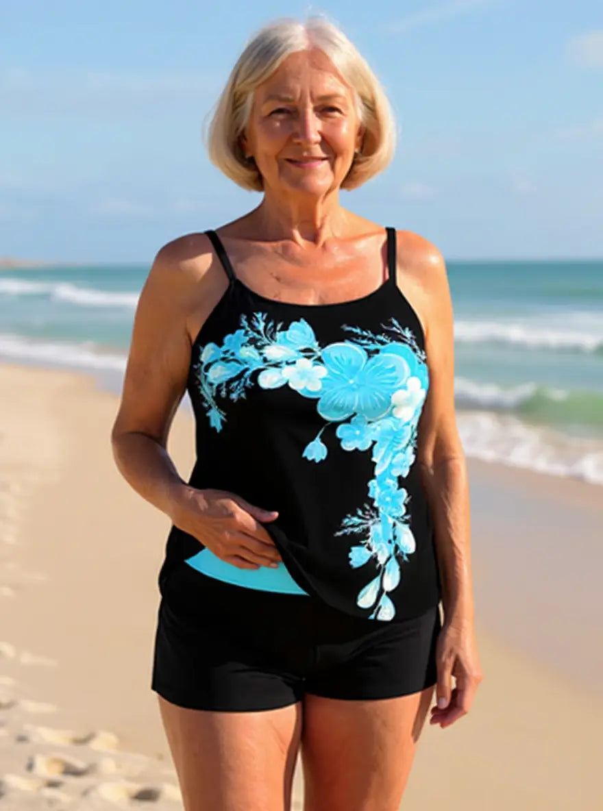 Avery | Conjunto de Tankini con Tirantes Cruzados y Estampado Floral